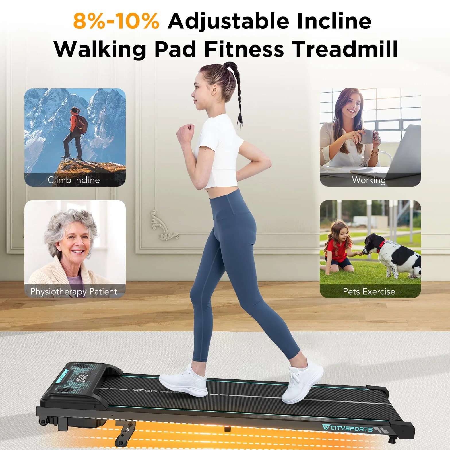 CITYSPORTS Tapis de Course Électrique Inclinable 8–10% 1–6 km/h avec Écran LED Télécommande Pliable