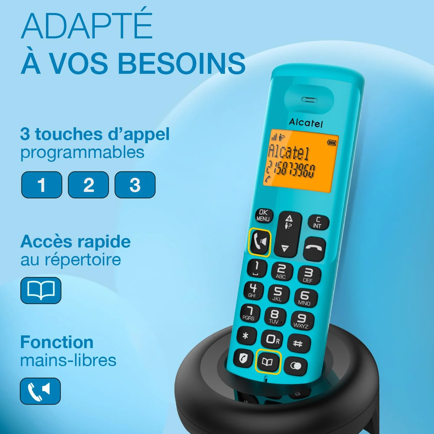 ALCATEL E260 Téléphone Fixe sans Fil DECT Grand Écran Rétroéclairé Mains Libres Blocage Appels Indésirables Bleu