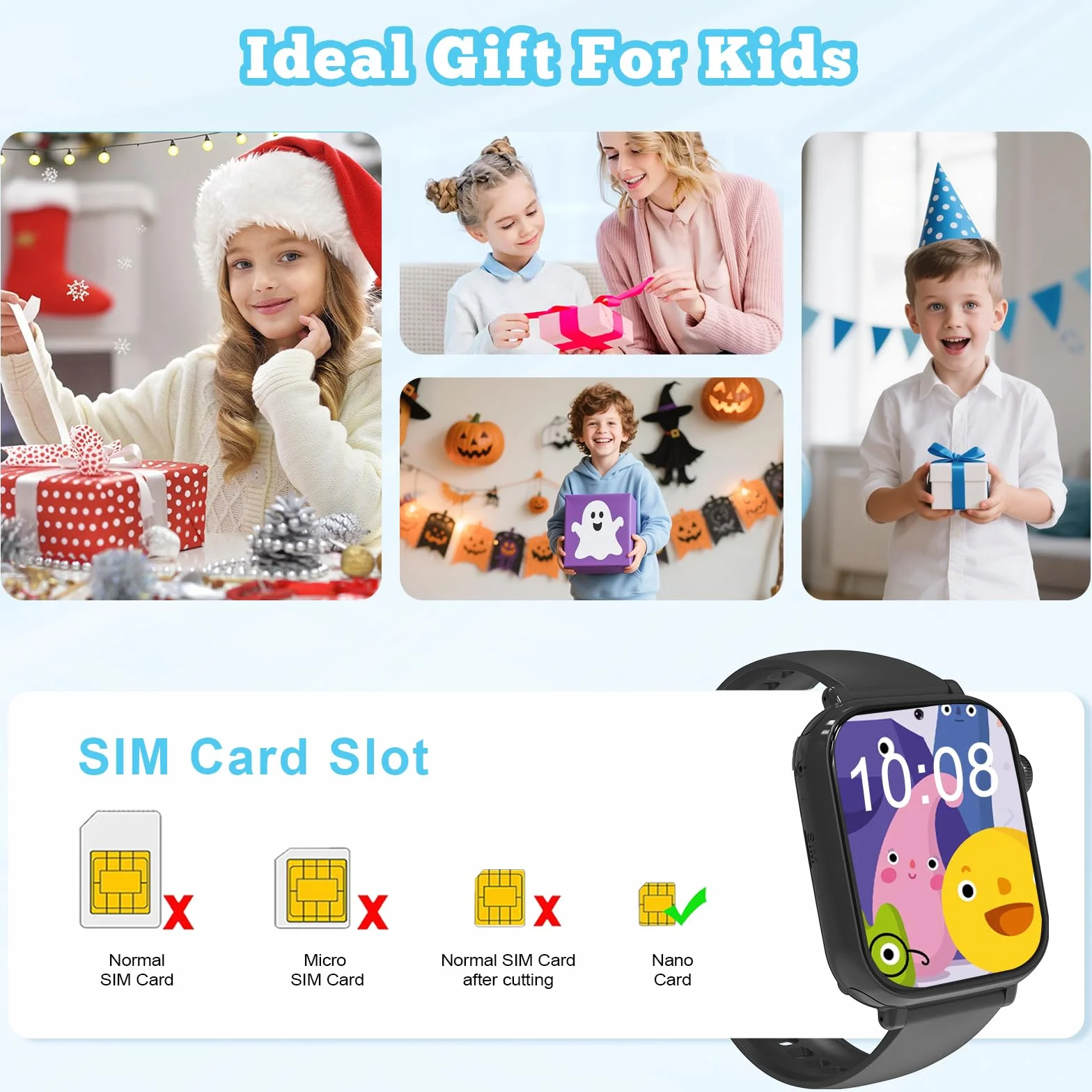 Montre Connectée Enfant 4G GPS - Smartwatch Téléphone Pour Fille Garçon avec SOS, Chat, Appel Vidéo, WiFi, Mode Classe, Réveil, Caméra, Jeux, Montre Intelligente Pour Enfants Cadeau 4 à 12 Ans, Noir