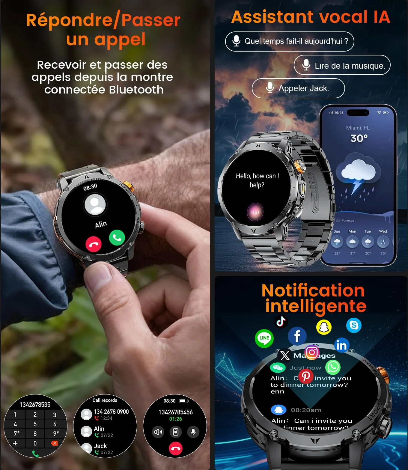 LIGE 1000mAh Montre Connectée Homme, 1,7" Smartwatch Militaire avec 110+ Modes Sportifs, IP68 Étanche, Appel Bluetooth, 24H Fréquence Cardiaque, Podomètre Android iOS,3 Bracelets,2 Chargeurs,EF24-A