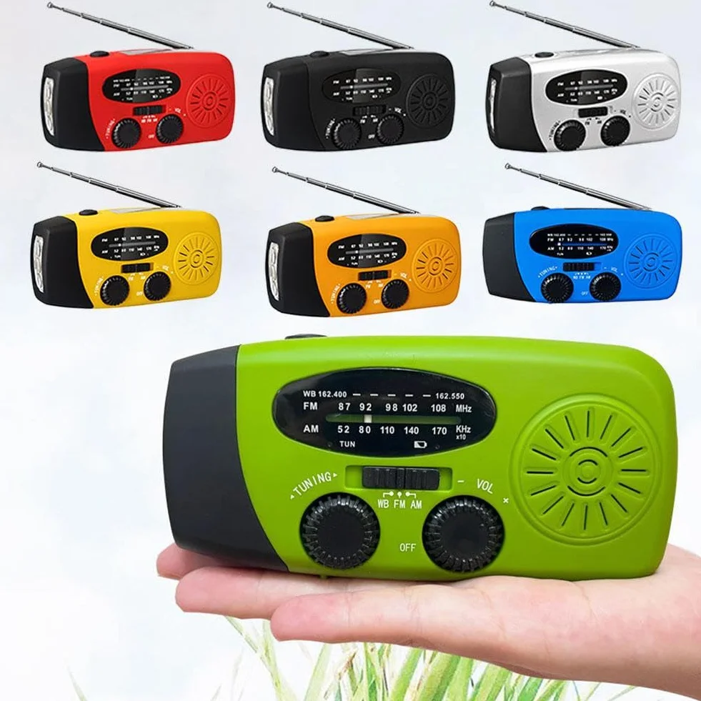 Radio d'urgence portable AM/FM avec manivelle solaire, chargeur USB, alarme SOS et lampe LED rouge