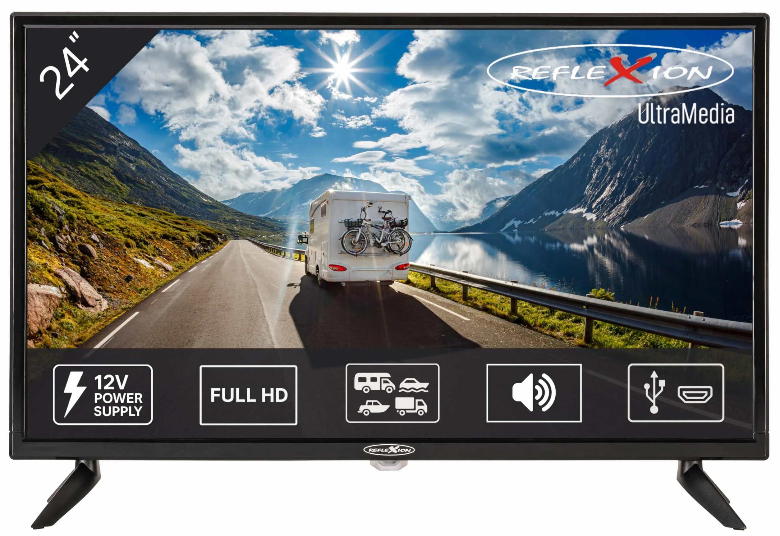 Reflexion LED2425 Téléviseur LED 60 cm pour Caravane/Camping-Car/Caravane/Bateau/Camion 12/230 V Full HD Triple Tuner avec DVB-T2HD, DVB-S2, DVB-C, Fente CI + Fonction d'enregistrement (PVR)
