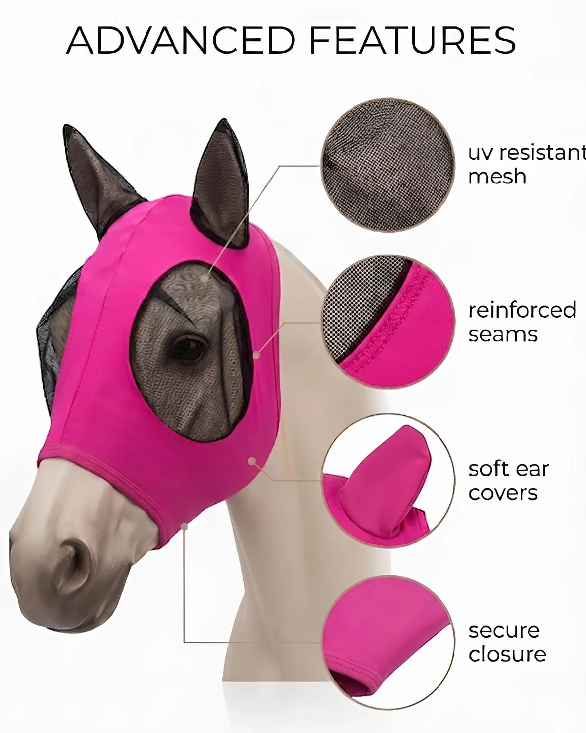 Masque de Cheval Rose Vif en Maille Respirante Anti-Mouche Anti-UV avec Cache-Oreilles