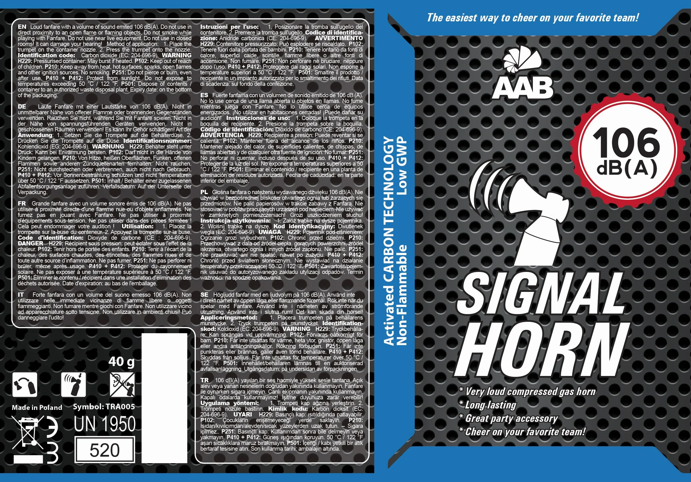 AABCOOLING 1X Signal Horn 106 DB(A) Jusqu'à 120 Signaux Corne de Brume Supporter