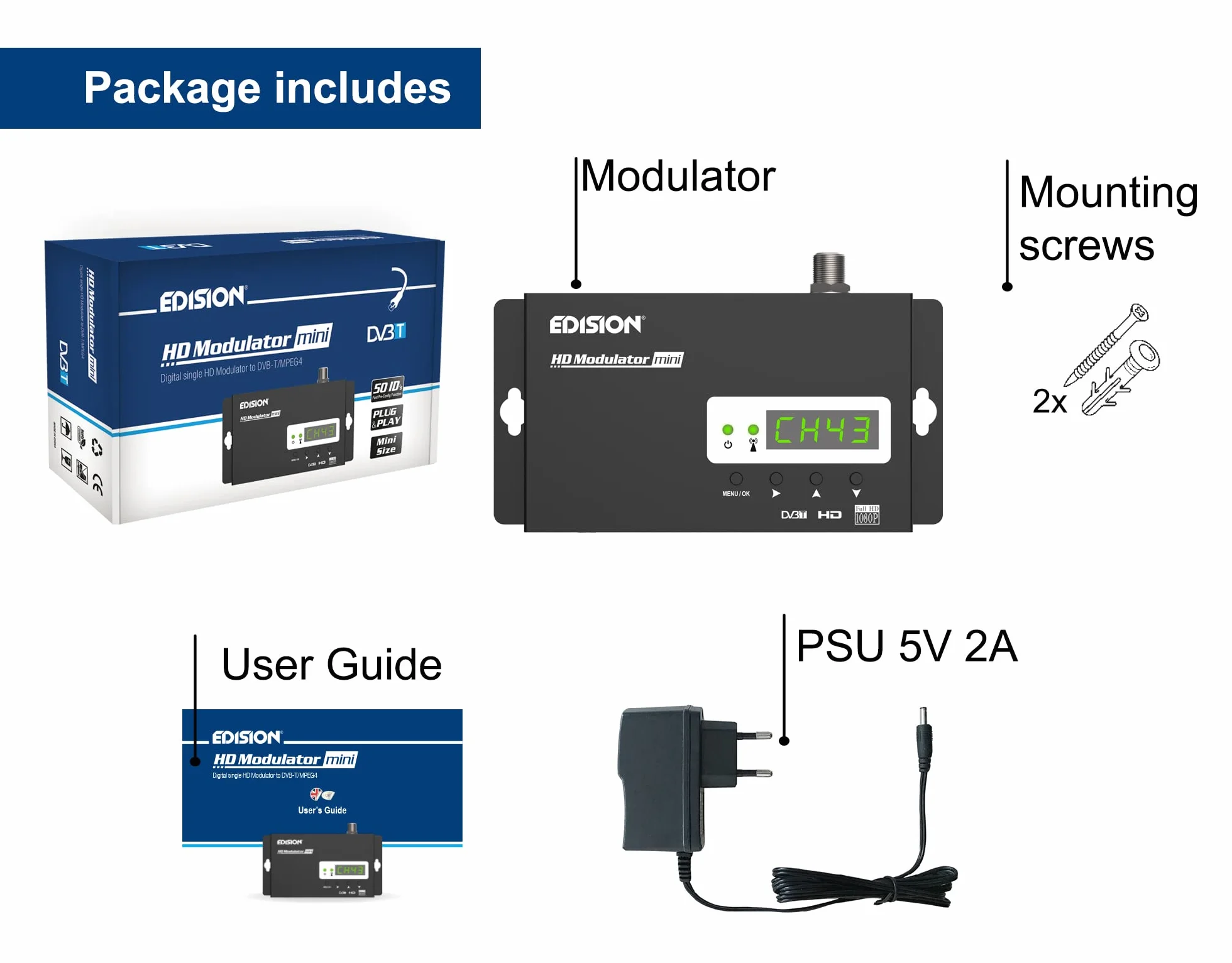 Edision HDMI Modulator Mini, Modulateur HDMI vers DVB-T MPEG4 monocanal, Distribution FullHD sur câble coaxial, Plug-n-Play, Pré-Configuration 50 ID