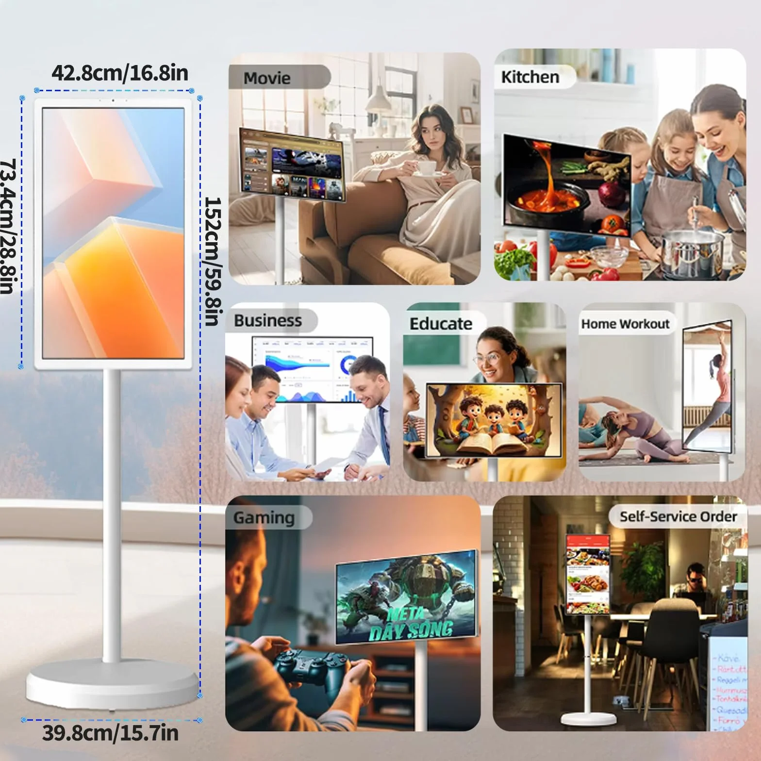Téléviseur Portable 32 Pouces - écran Tactile 1080p sur roulettes avec Caméra 8 Mpx, Stockage 8 Go + 128 Go, Batterie 10 000 Mah, Tablette TV Rotative avec Télécommande 32inch-6+64G