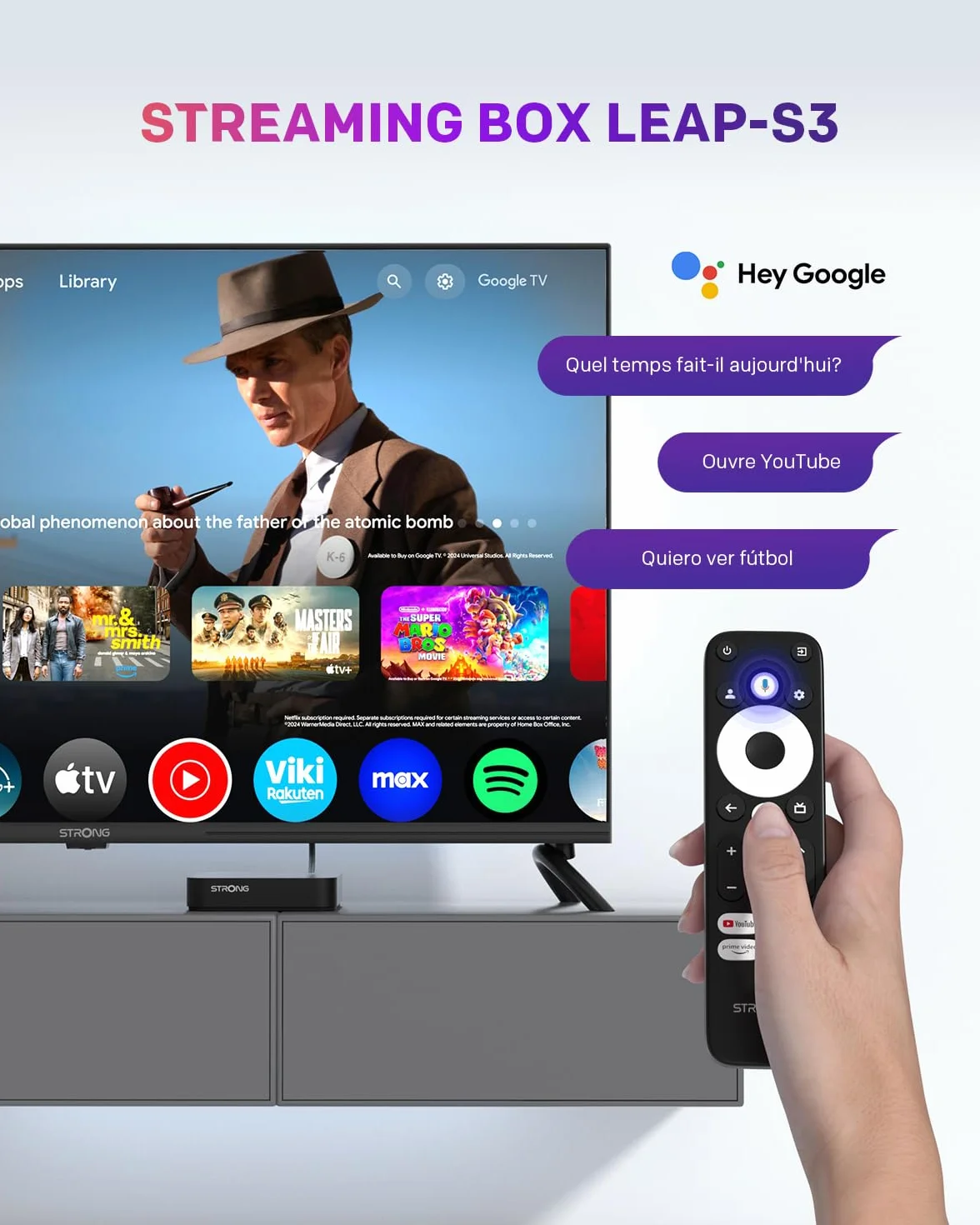 STRONG Leap-S3 Streaming Box Google TV 4K UHD avec Port Ethernet, 2GB RAM + 16GB Stockage, Chromecast Intégré, WiFi, Assistant Google Vocal, HDR10+, Dolby Audio & Dolby Vision