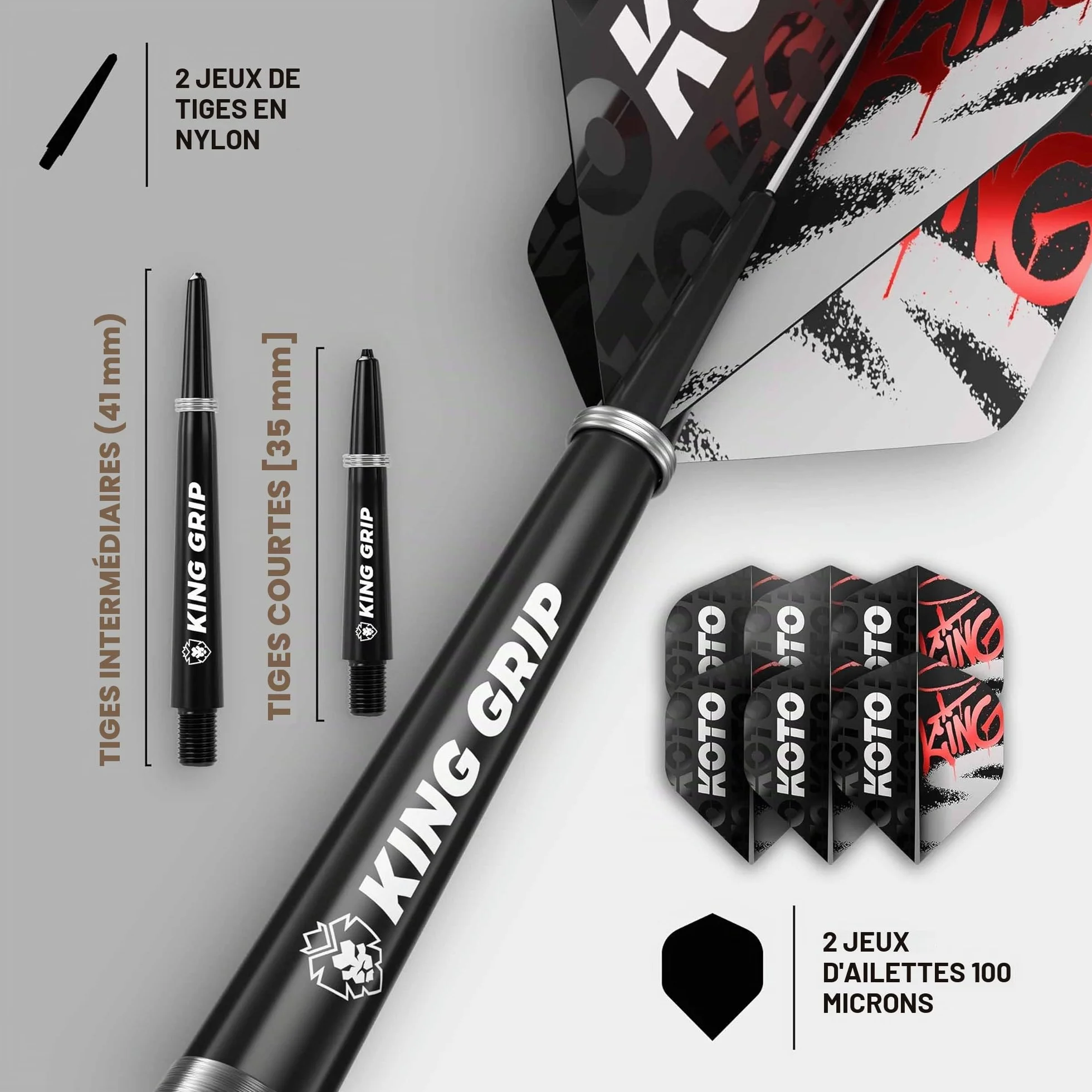 KOTO Lot de 3 fléchettes Tribute avec barils, ailettes, tiges et porte-fléchettes, grip fixe Argenté rouge