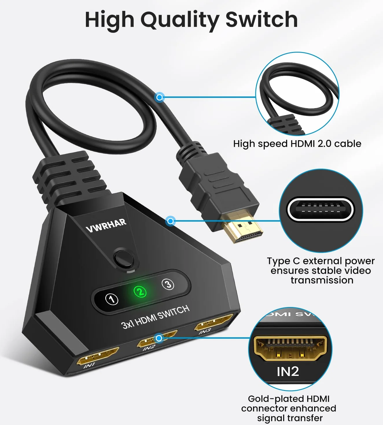 Switch HDMI, Multiprise HDMI Switch 4K 3 Entrée 1 Sorties Multi HDMI avec Câble Haute Vitesse, Commutateur HDCP 2.2 UHD/3D/4K pour TV Fire Stick, PS5,Sky Box,X Box,Games Consoles,DVD,PC,Roku Etc
