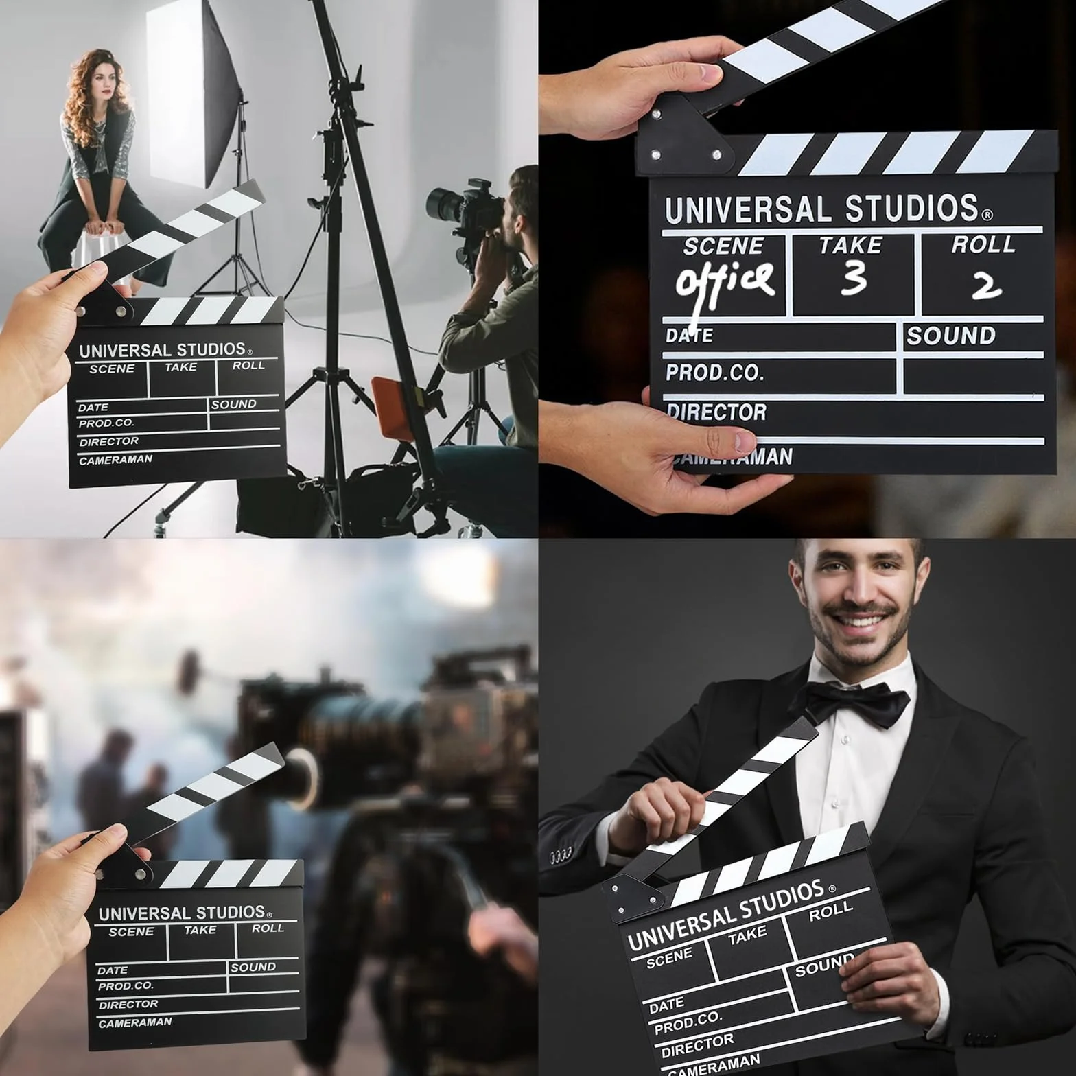 Rabat de Film,Clap de Cinéma Professionnel en Bois Clap de Réalisateur avec Ardoise Synchronisée Effaçable pour Films Séries TV Publicités Fêtes Adultes et Photomaton
