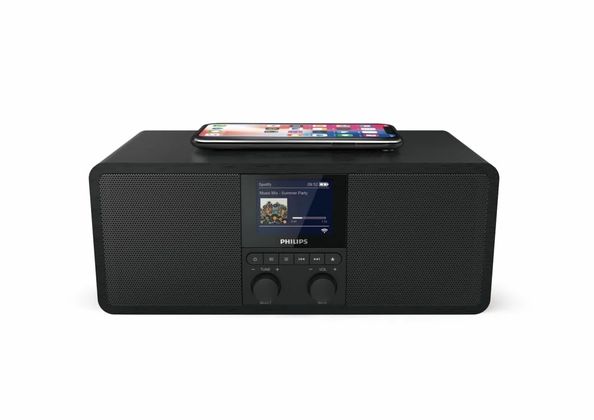 Philips R8805/10 Radio Internet, Radio Bluetooth avec Spotify Connect (Bloc de Chargement Qi pour téléphones Mobiles, USB, Mise en Veille programmable, Alarme duale) Noir
