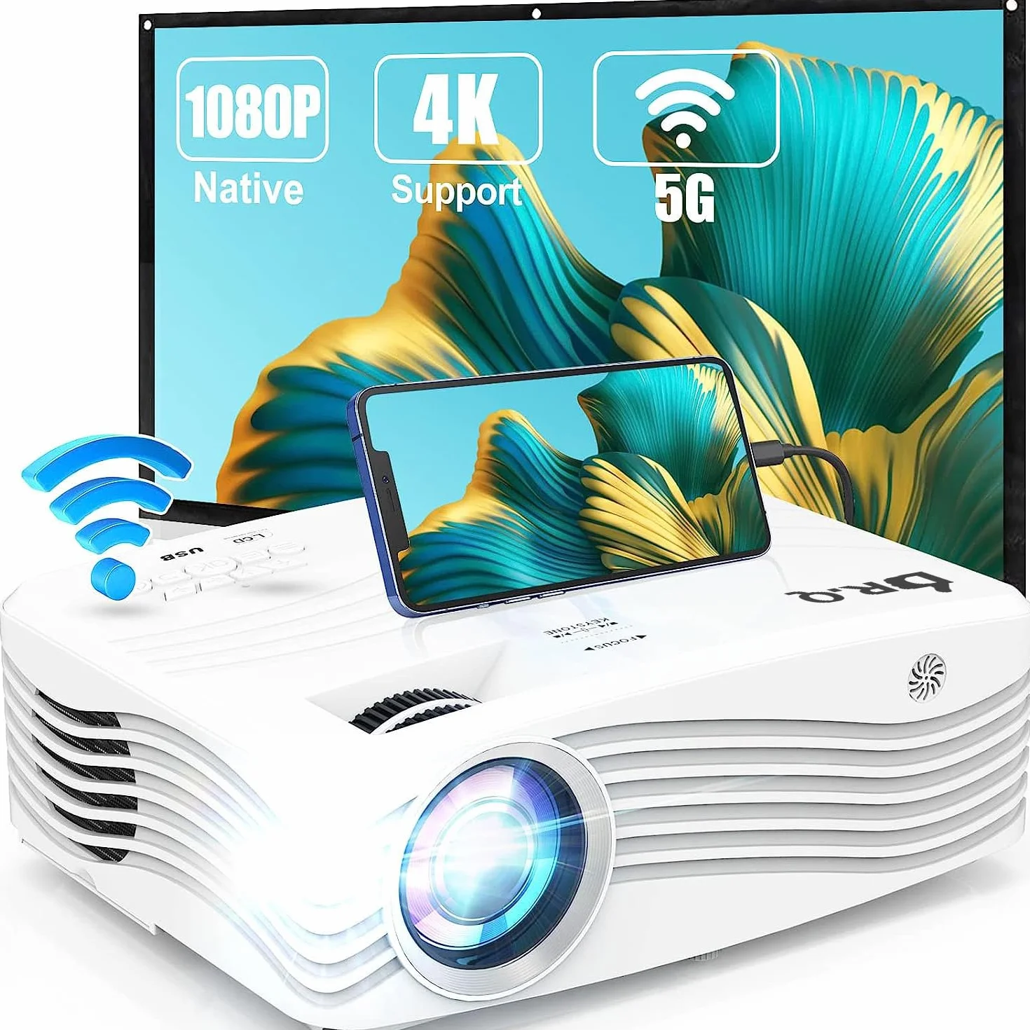 Vidéoprojecteur natif 1080P Full HD 5G WiFi 4K écran 300" portable