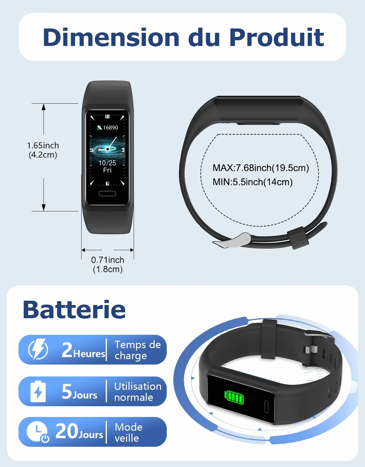 Cloudpoem Montre Connectée Sport IP68 Podomètre Cardiofréquencemètre Suivi Sommeil Calories Android iOS