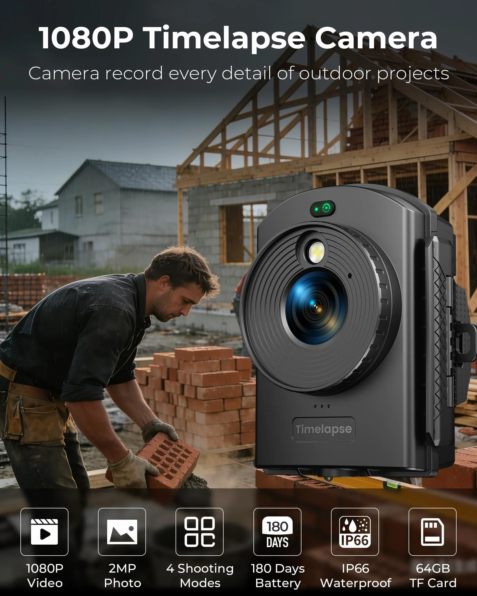 Caméra Time Lapse Extérieur 1080P AVI 64 Go Enregistrement 180 jours Infrarouge Construction Croissance des Plantes