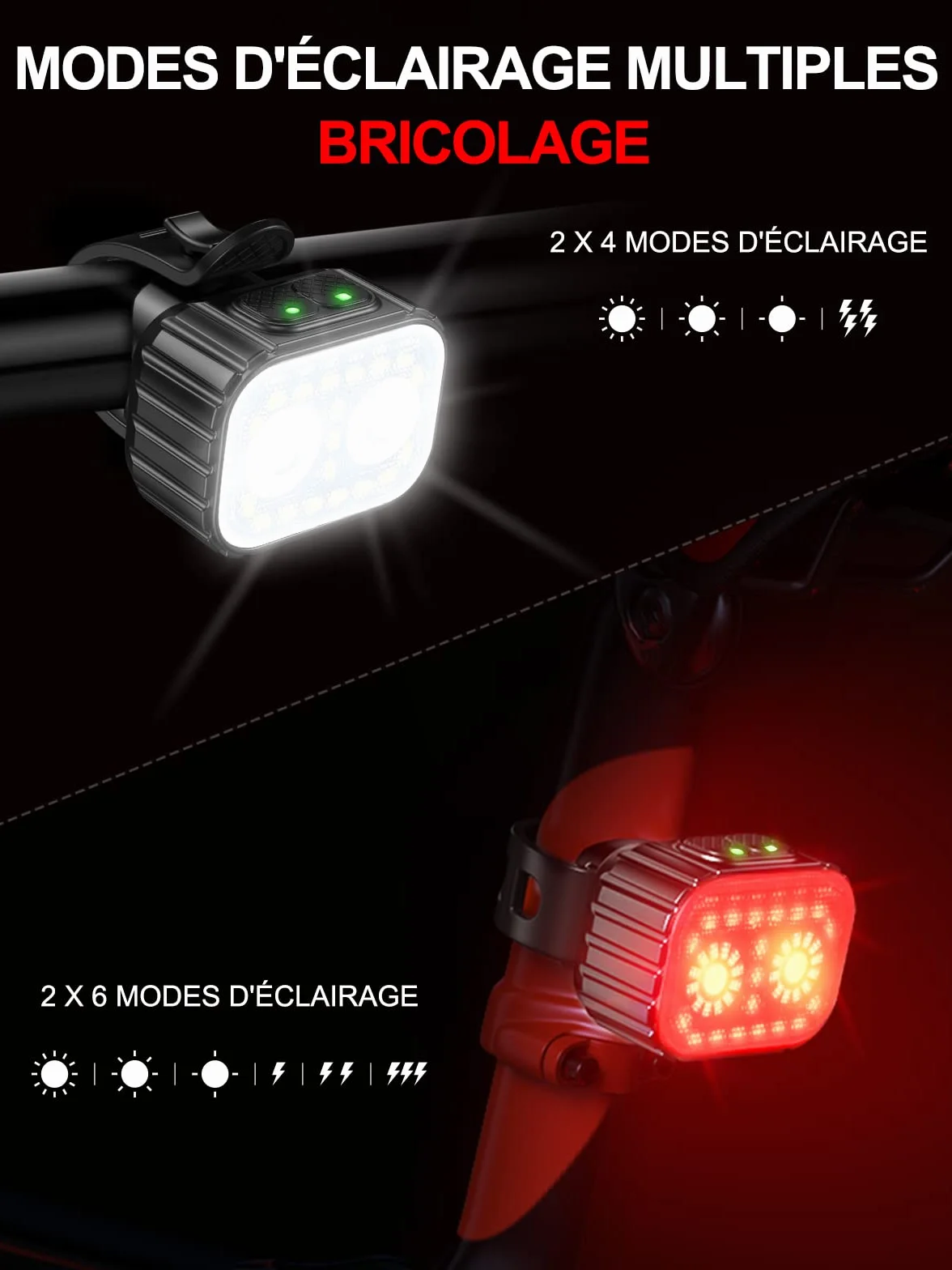 CIRYCASE Lampe Vélo LED Avant et Arrière 8+12 Modes IPX6 USB Rechargeable