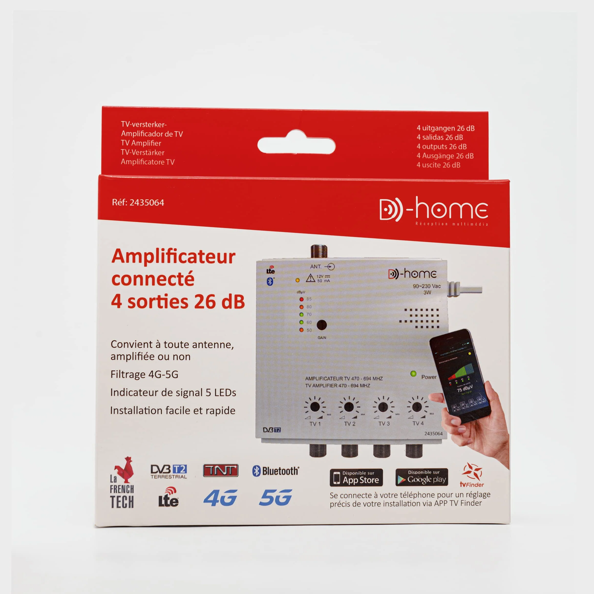 Amplificateur TV TNT Intérieur 4 Sorties 26dB Connecté Filtré 4G-5G avec App Mobile TV Finder
