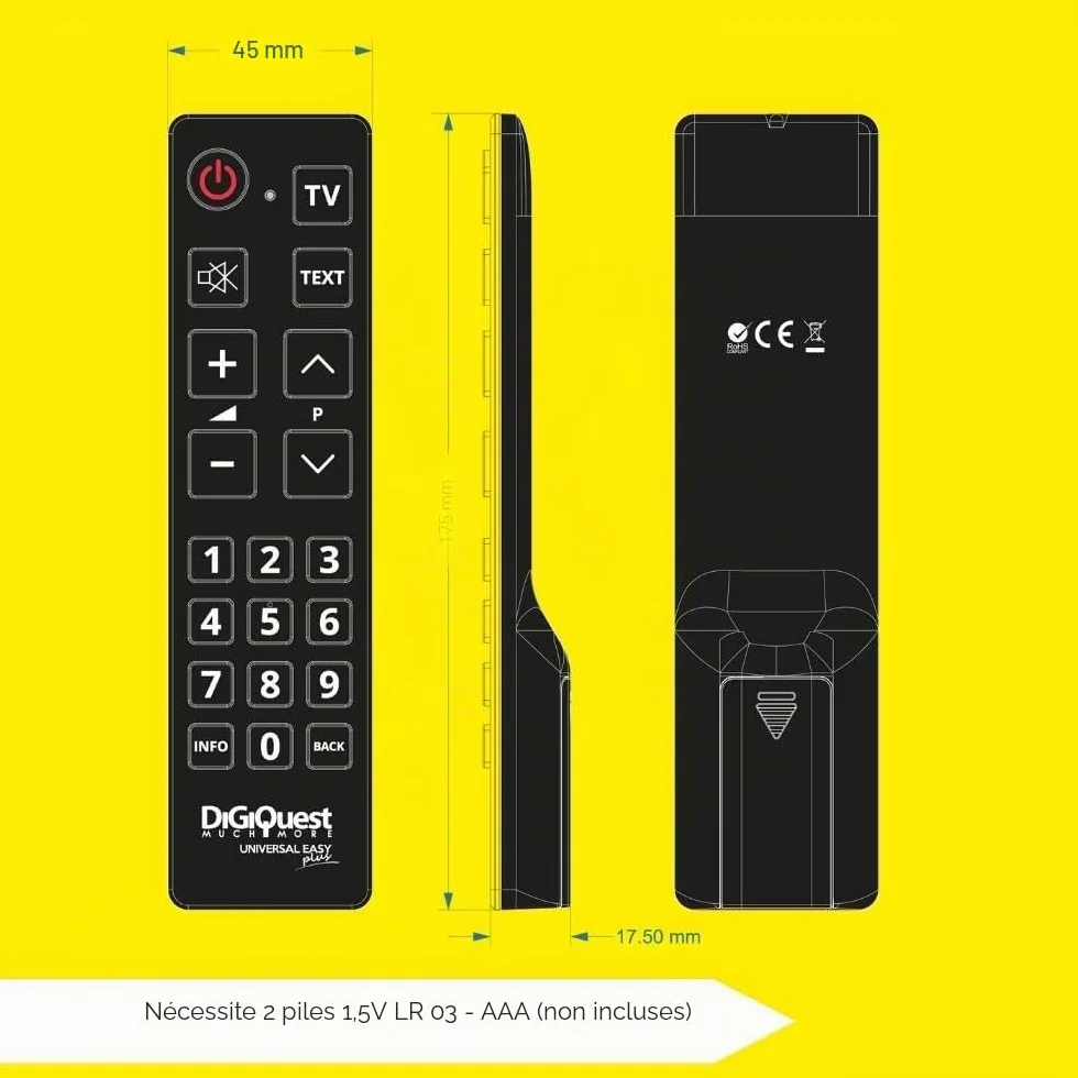 Télécommande Universelle TV Digiquest Easy avec Grandes Touches, Facile à Utiliser, idéale pour hôtels, hôpitaux, EHPAD et Personnes âgées