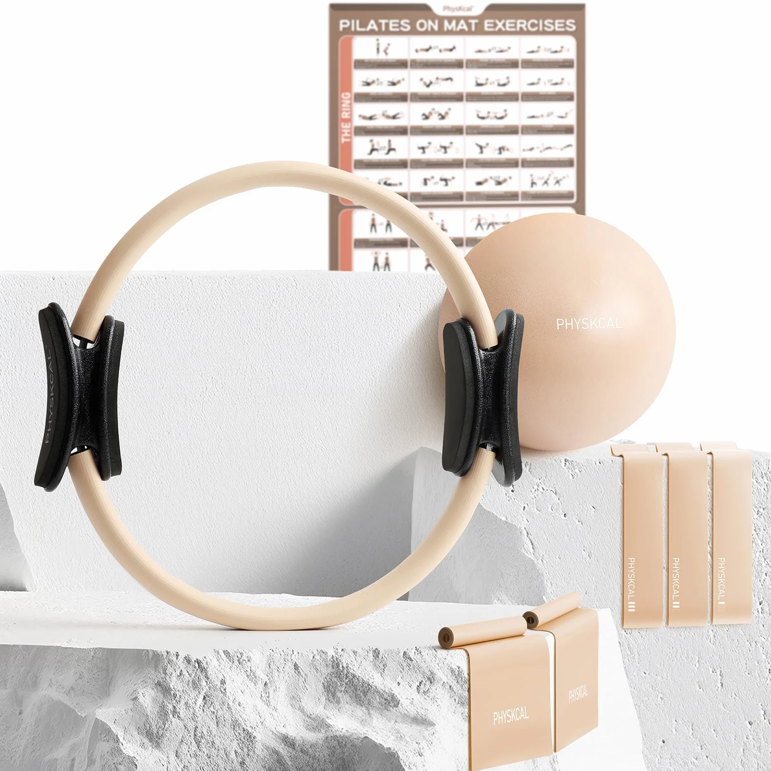 PhysKcal Kit de Pilates, Anneau 38 cm avec Ballon et Bandes de Résistance