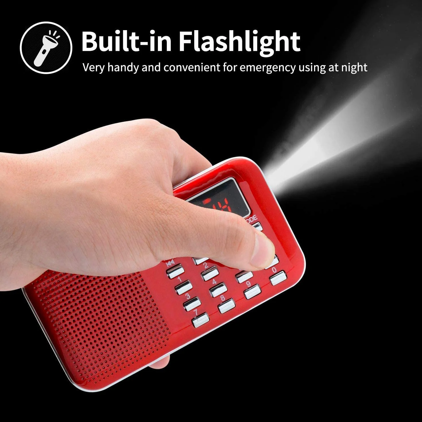Raddy RF23 Radio Portable FM/AM Rechargeable avec Lampe de Poche, Grand Écran LCD, Lecteur MP3 Micro SD/USB, Batterie 800mAh, Rouge