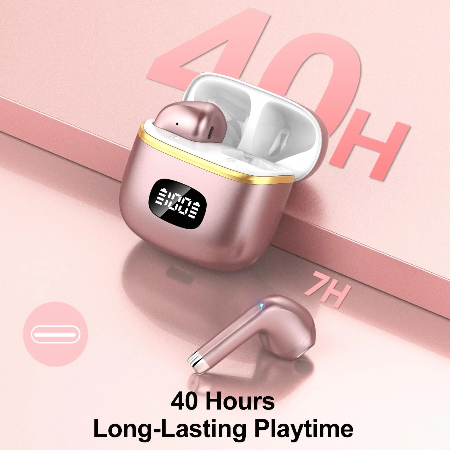 Ecouteurs Bluetooth sans Fil,2023 5.3 ENC Réduction Casque,40 Heures Durée de Lecture Écran LED,Hi-FI Son Stéréo,IP7 Étanche,Contrôle Tactile Oreillette Bluetooth W23 Or Rose