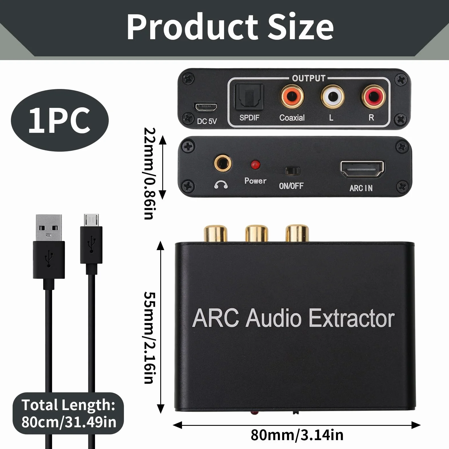 HDMI Audio Extractor 192 KHz Convertisseur DAC HDMI ARC Audio Extracteur vers Optical Toslink SPDIF Coaxial Stéréo Aux RCA L/R 3,5 mm Jack pour TV Casque Soundbar Home Cinéma
