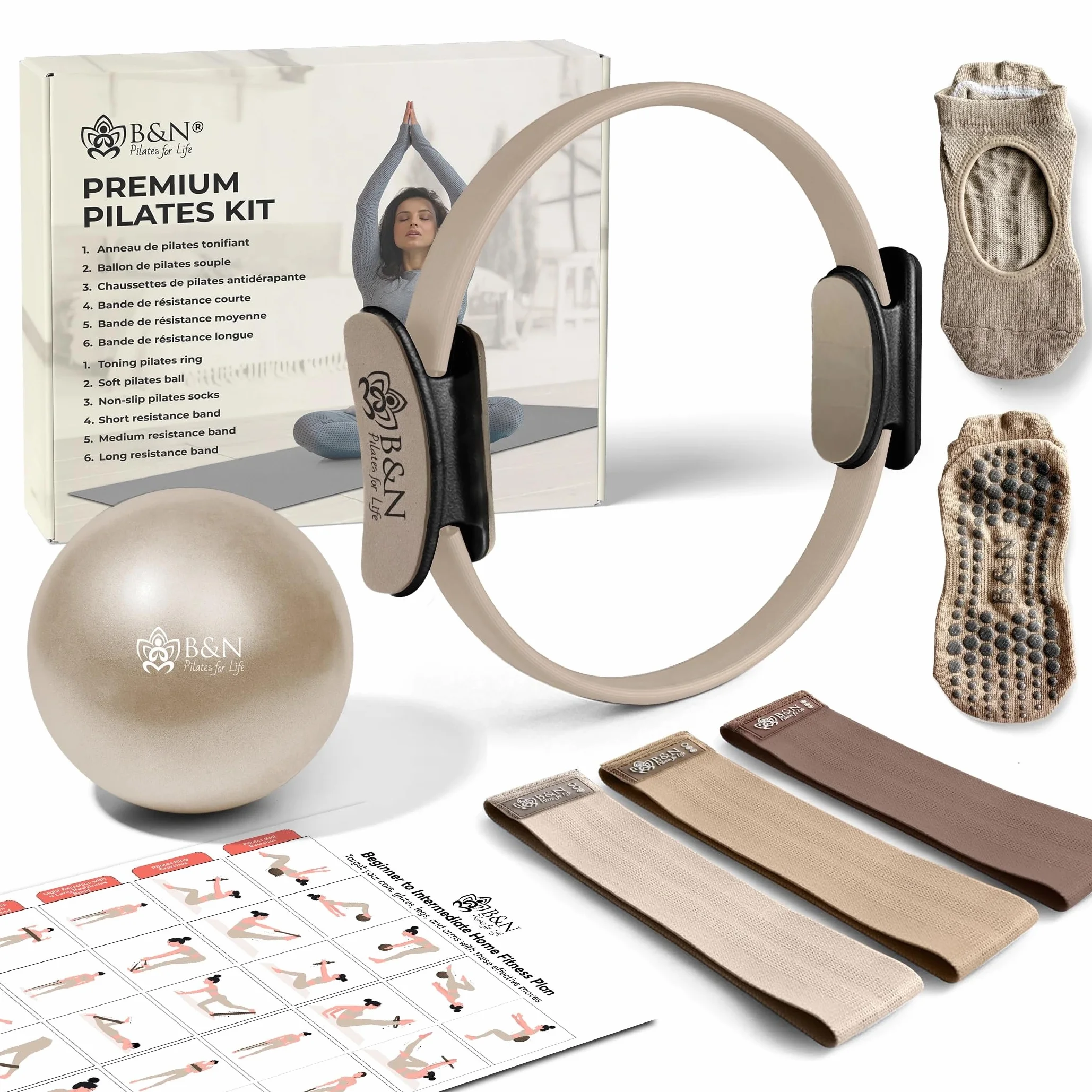 Kit Pilates Complet à Domicile - Pilates Ring, Ballon, Bandes de Résistance, Chaussettes, Guide