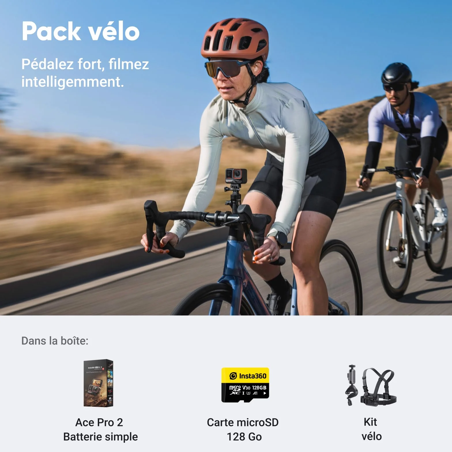 Insta360 Ace Pro 2 Pack Vélo - Caméra d'action étanche 8K co-conçue avec Leica, capteur 1/1,3", Double Puce d'IA, qualité en Basse lumière, Audio avancé, écran Rabattable, édition IA pour Vlogs, Moto