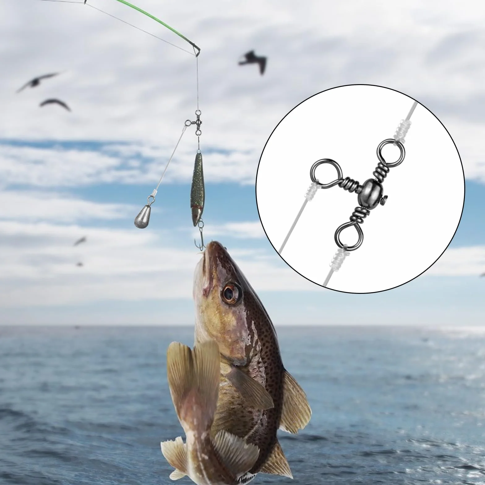Émerillons de Pêche à Trois Voies en Acier Inoxydable 100 Pièces 6# 7# 8# 10# 12#