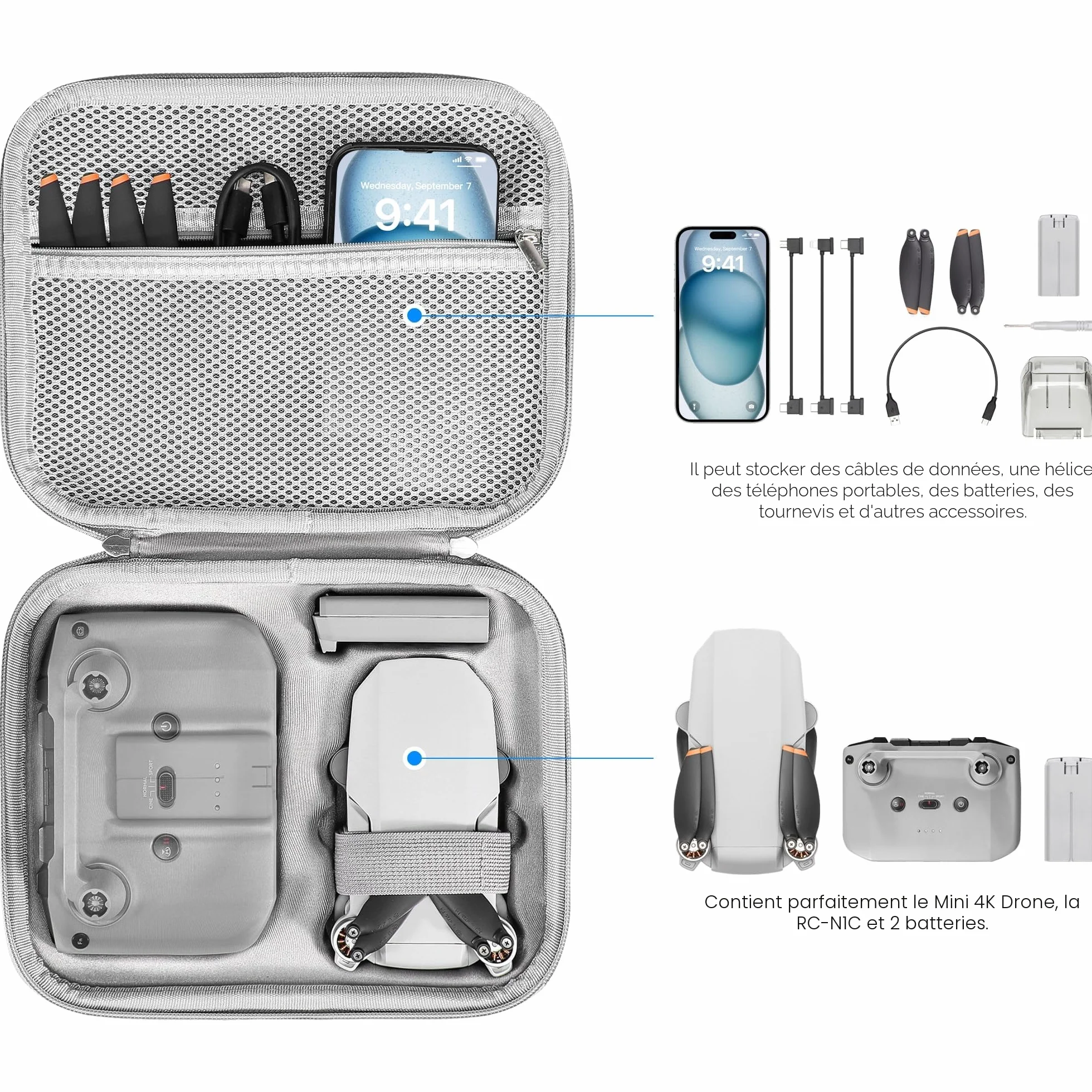FPVtosky Mini 4K Étui Rigide, Sac de Transport pour DJI Mini 4K/ 2/2 SE Drone Accessoires avec 2 x Joysticks, 1 x Supports d'hélice et 1 x Protecteur de Joystick, Gris