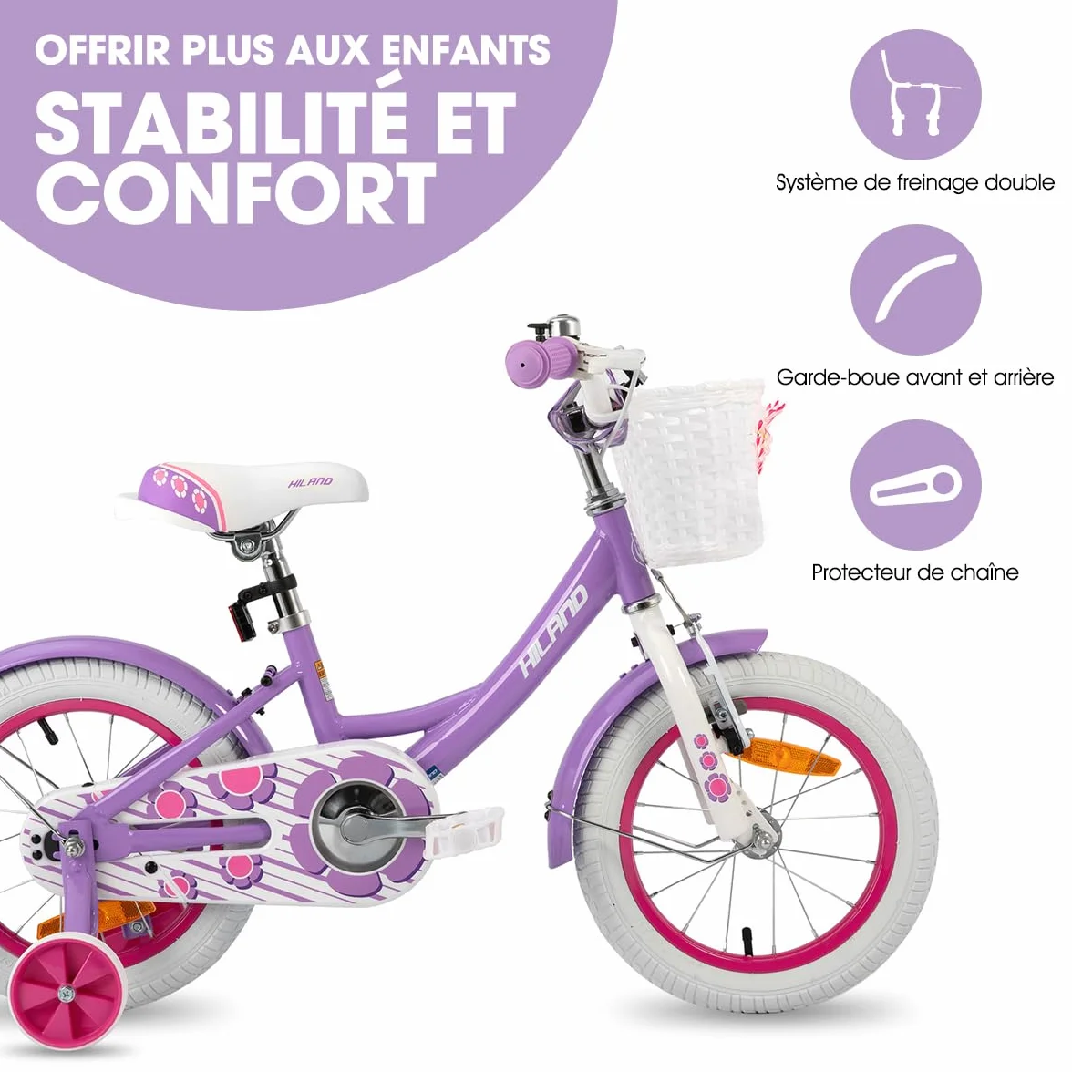 HILAND Vélo Fille 12 14 16 Pouces avec Roues Stabilisatrices et Panier, Frein à Main et Rétropédalage, Rose Violet Blanc