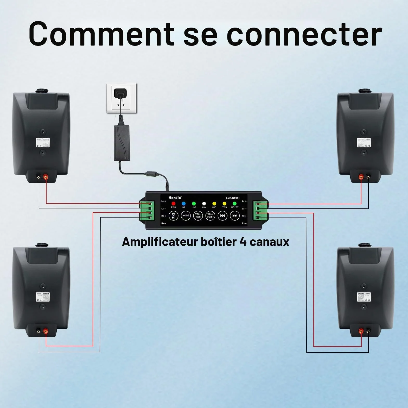 Herdio 6,5 Pouces 800 W Haut-parleurs Bluetooth d'extérieur, filaires étanches avec amplificateur Multifonctionnel, Haut-parleurs muraux pour terrasse, Piscine, Jardin (Noir)