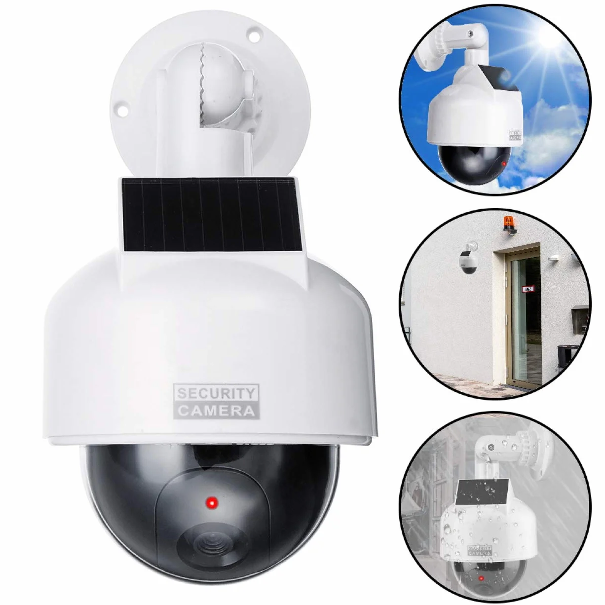 O&W Security Caméra de Surveillance Solaire Professionnelle Speed Dome Dummy Fake factice - Caméra de Surveillance d'extérieur - avec Objectif et lumière LED Rouge - Surveillance des Marchandises
