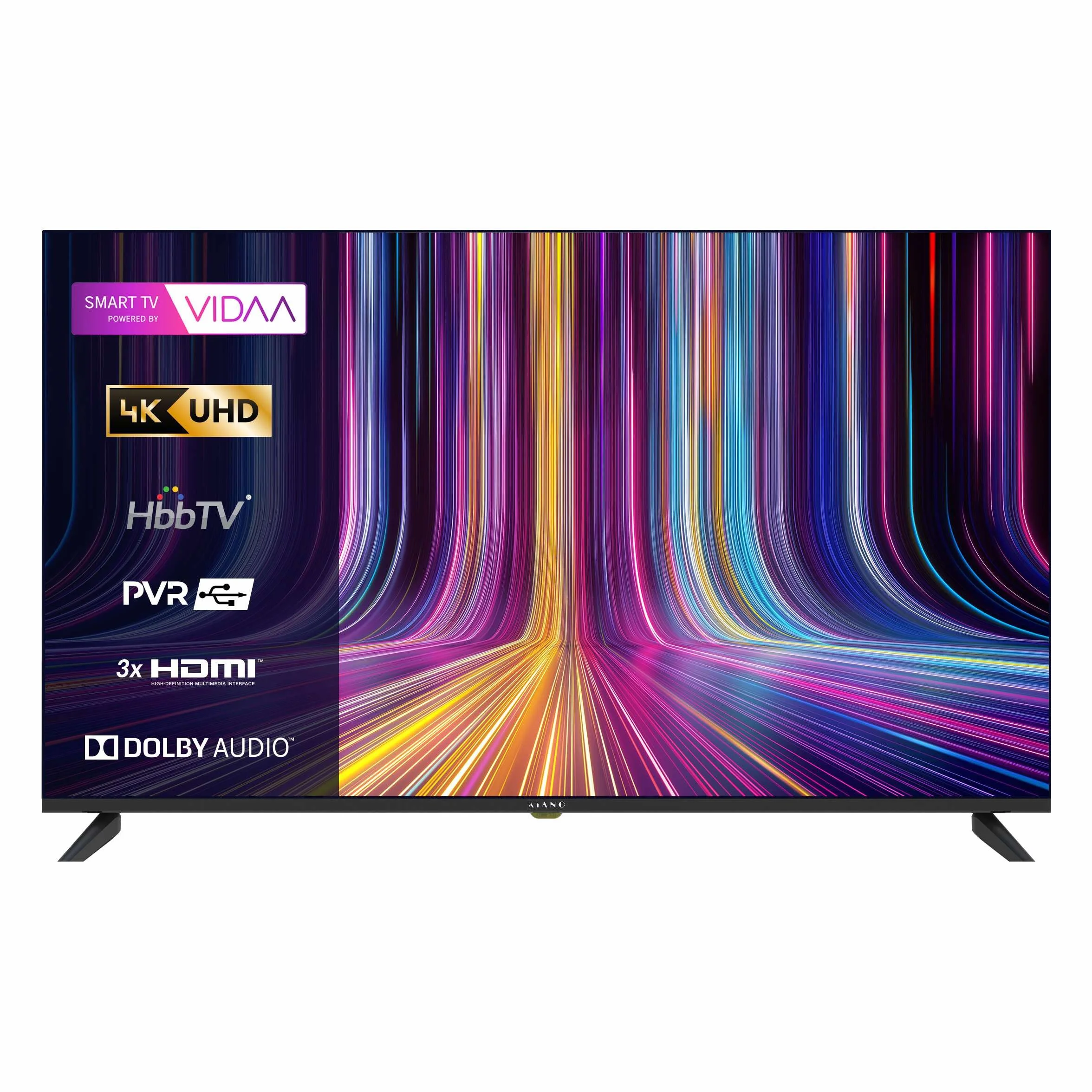 KIANO Elegance 50” Smart TV 4K UHD – VIDAA OS, D-LED, HDR, Dolby Digital Plus, Wi-FI, HDMI/USB, Triple Tuner DVB-T2/S2/C, PVR USB, Design sans Bordures