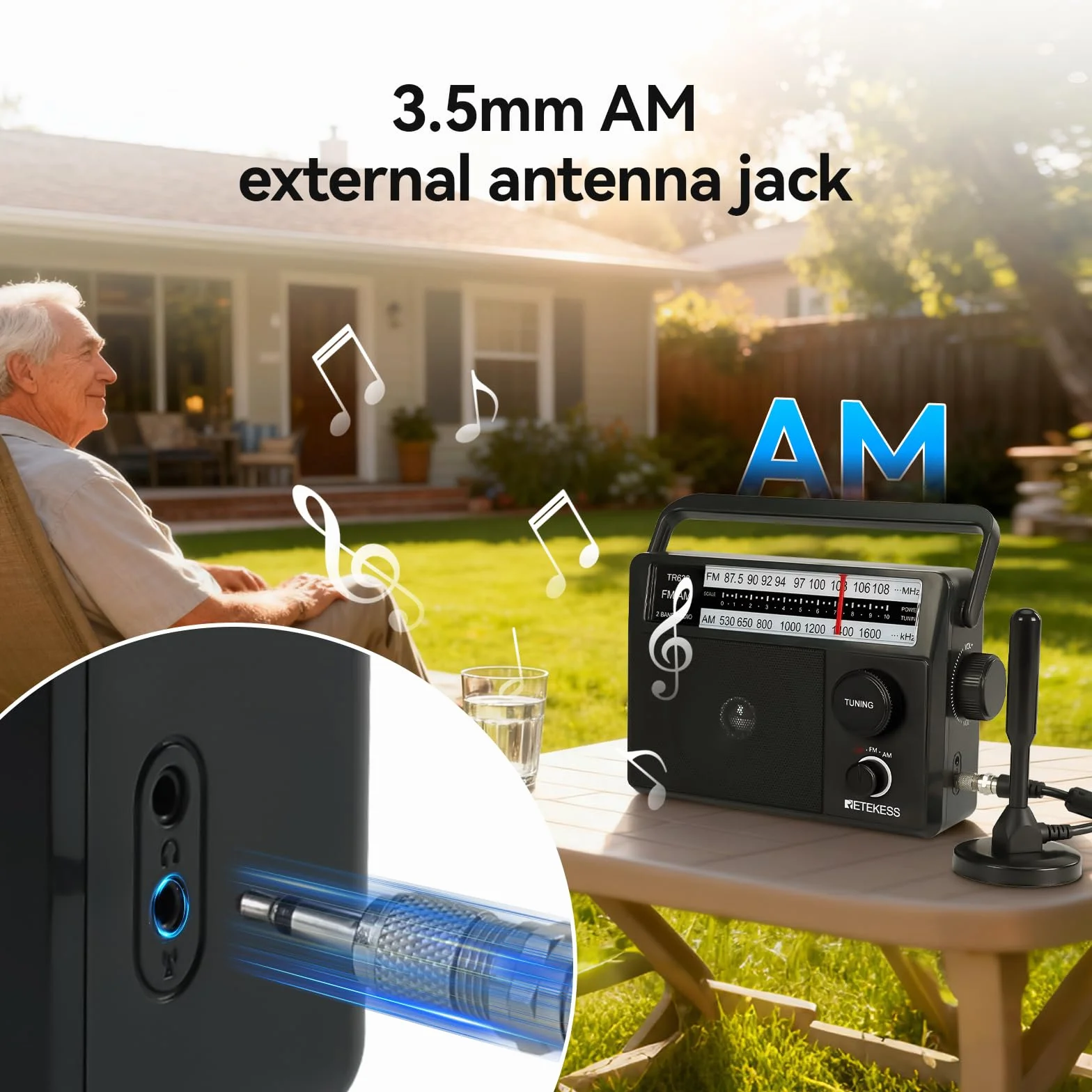 Retekess TR633 Radio Portable, Poste Radio, AM FM, Excellente Réception, Gros Boutons, Secteur ou Piles, Prise Casque 3,5 mm, Adapté aux Personnes âgées, Cuisine, Chambre