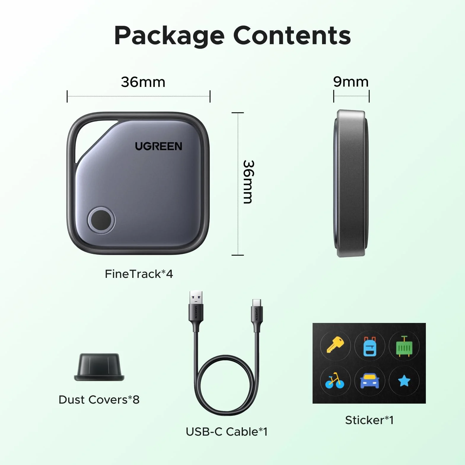 UGREEN FineTrack G Tag Traceur Fonctionne avec Find Hub Android Uniquement Chargement USB C Localisateur Objets Bluetooth pour Clés Valises Portefeuilles Wallet Bagages Sacs avec Câble USB C Lot de 4