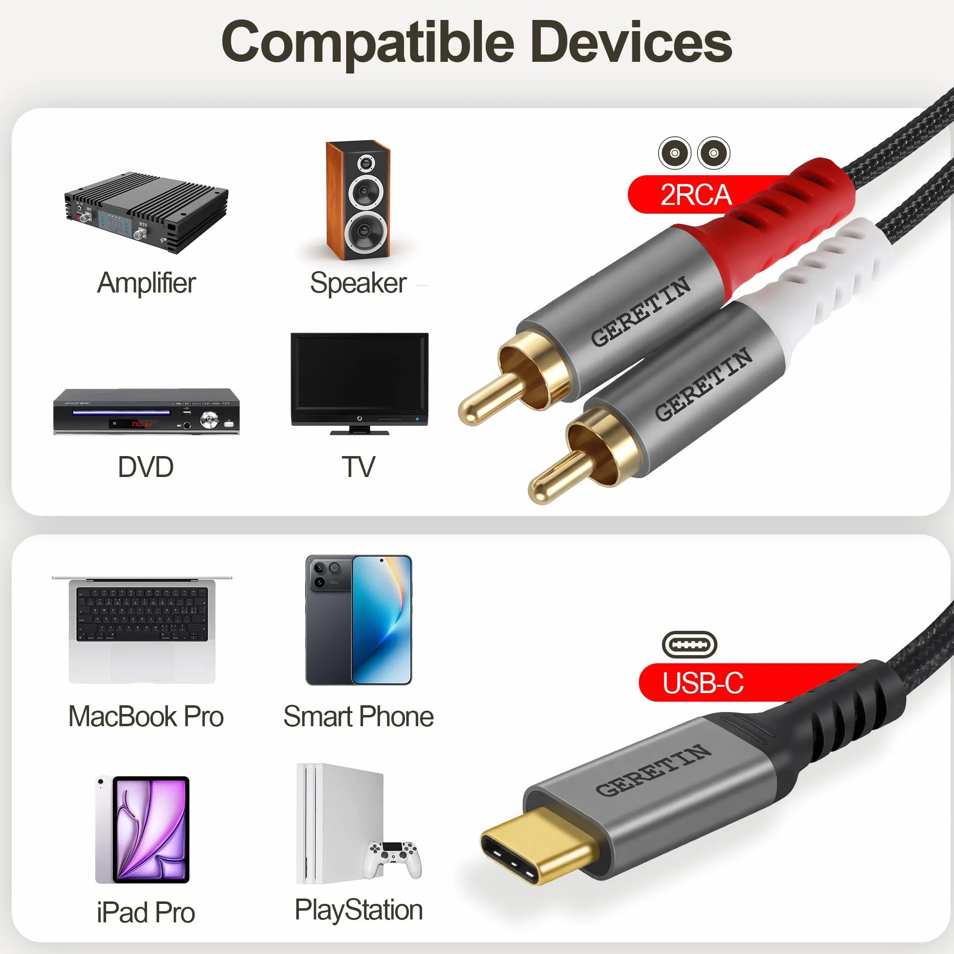 Câble Audio USB C vers 2 RCA Câble Adaptateur Type C Mâle vers 2RCA Mâle Y Auxiliaire Audio Stéréo Compatible avec Téléphone Amplificateur Enceinte HDTV Home Cinéma iPhone 16/17 Pixel 10/9-2M