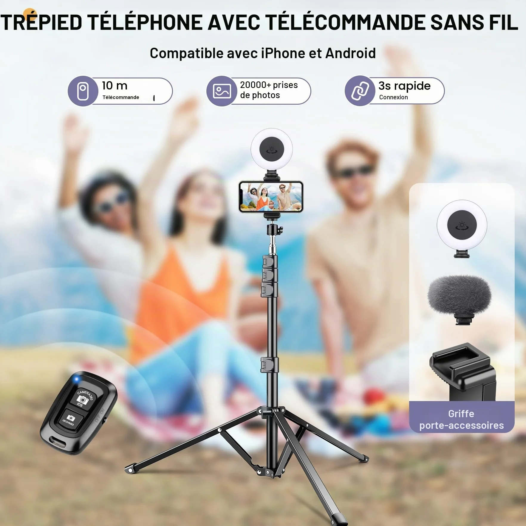 Victiv 224cm Haute Trepied Smartphone, Trépied Téléphone en Aluminium avec Col de Cygne Réglable, Télécommande, Support Telephone, Extensible Trépieds Appareil Photo avec Rotule à 360° pour DSLR Canon