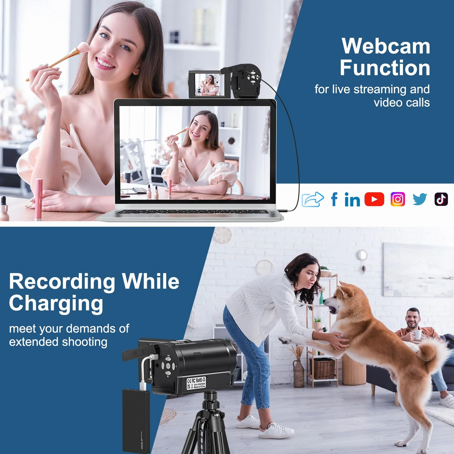 Caméra vidéo 2.7K 56MP avec éclairage LED, Zoom numérique 16X, Écran LCD 2,8", Carte SD 32 Go, 2 Piles