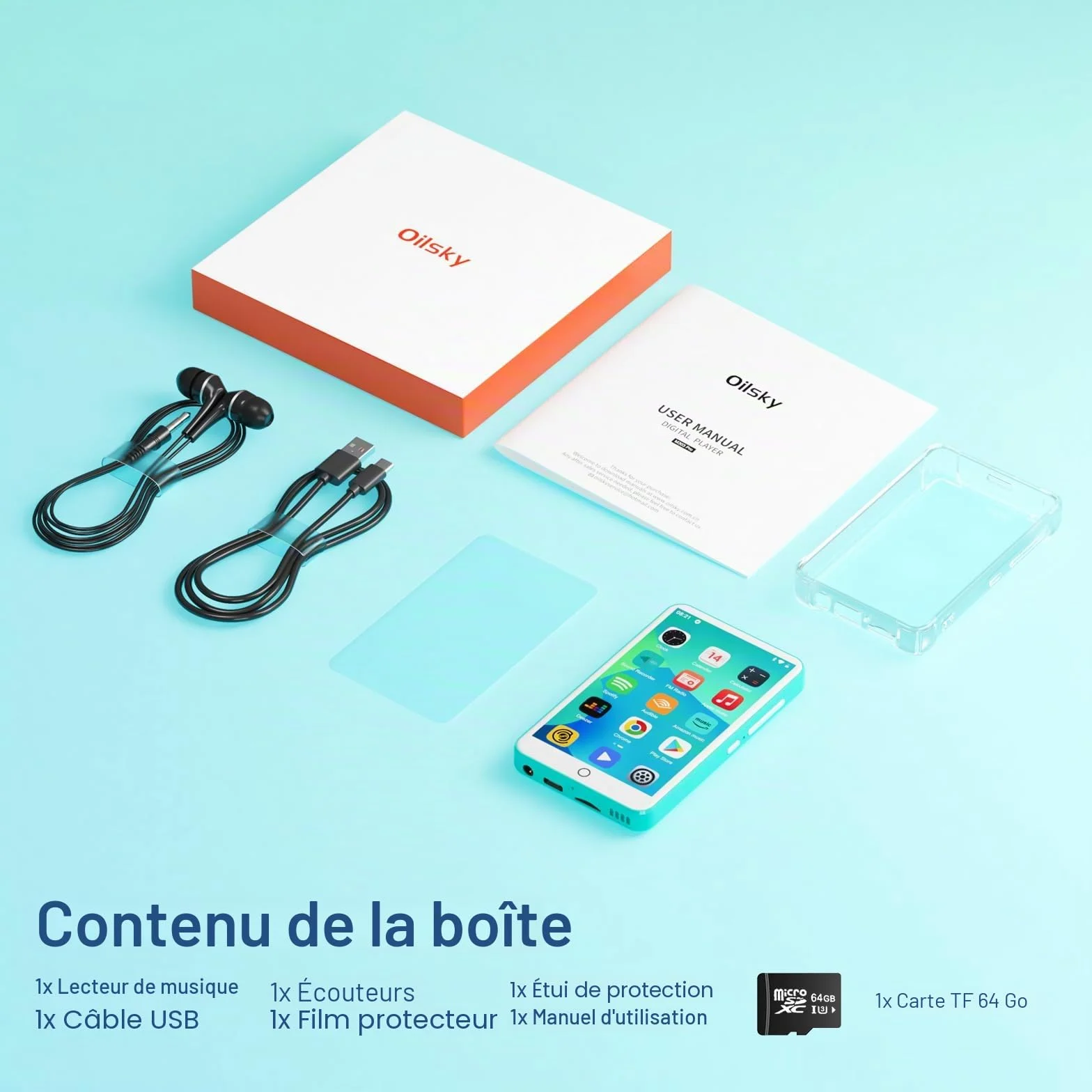 Lecteur MP3 avec Bluetooth et WiFi, Oilsky 80GB 4'' Android 9.0 Lecteur de Musique, MP4 à écran Tactile 1080P, Mp3 Portable avec Spotify, Audible, Deezer (Cyan)