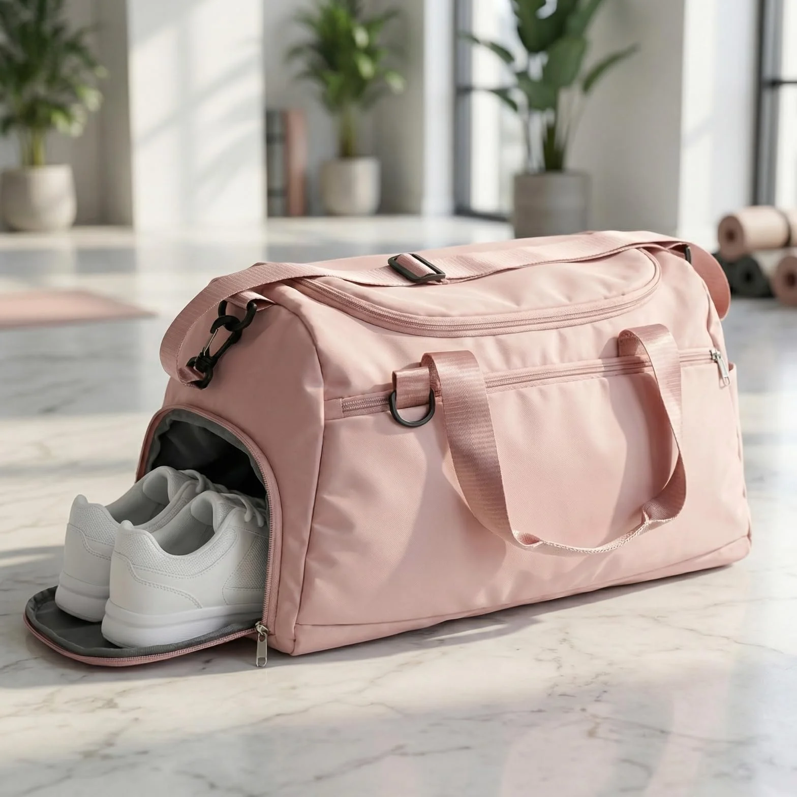 Sac de Sport Imperméable 36-55L 51x28x25cm avec Compartiments Chaussures et Poche Humide Duffel Gym Bag Rose