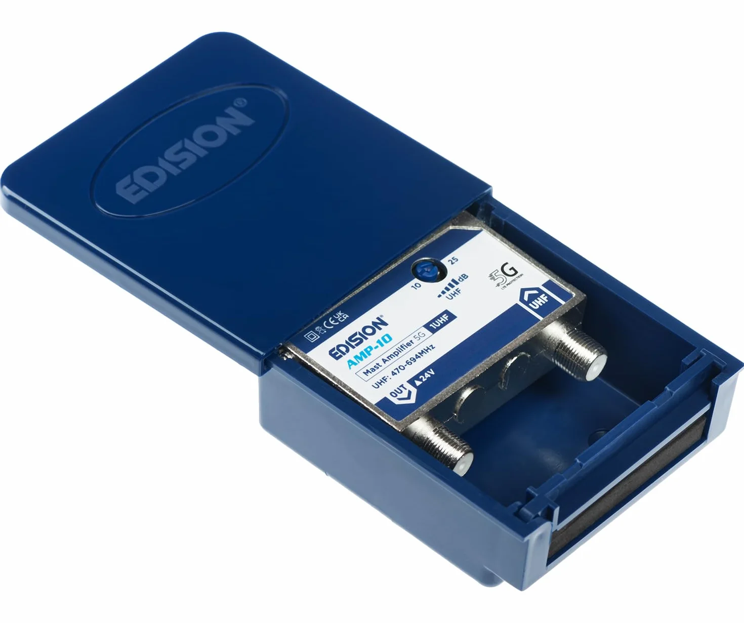 EDISION MAK-100 Kit Préamplificateur de mât Antenne TV TNT 1UHF 10-25dB 107dBmV 24V DVB-T/T2 Filtre 5G LTE Alimentation 24V 200mA 2 Sorties