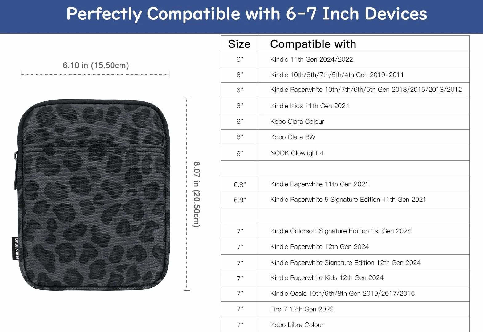 Dadanism 6-7 Pouces Housse Protectrice Pochette Nylon pour 7" Kindle Paperwhite et Kindle Colorsoft Signature Edition, 6" K-indle 11e Gén, Sac de Transport pour K-indle Oasis E-Reader, Noir Léopard