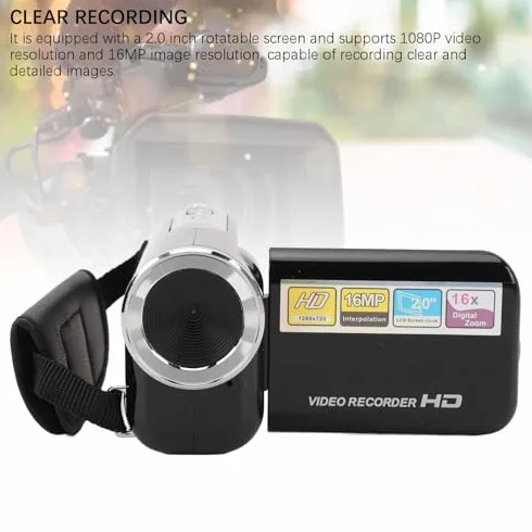 Denash Caméscope Vidéo, Enregistreur D'appareil Photo Numérique à Zoom Numérique 16MP 1080P 16X avec écran de 2 Pouces, Caméra Vlogging Anti-secousse pour la Photographie de Voyage