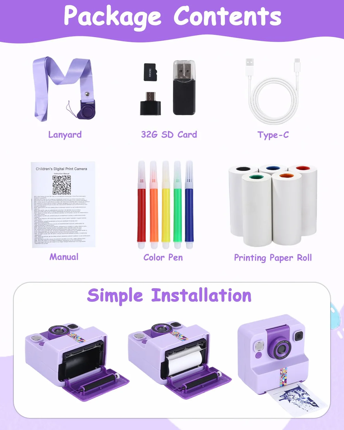 Appareil Photo Enfant, Appareil Photo Instantané Enfant, Kit avec 5 Rouleaux de Papier, 2.4" Écran, Vidéo 1080P et Selfie, Carte 32 Go, Cadeau Créatif pour Fille Garçon 3-12 Ans, Violet