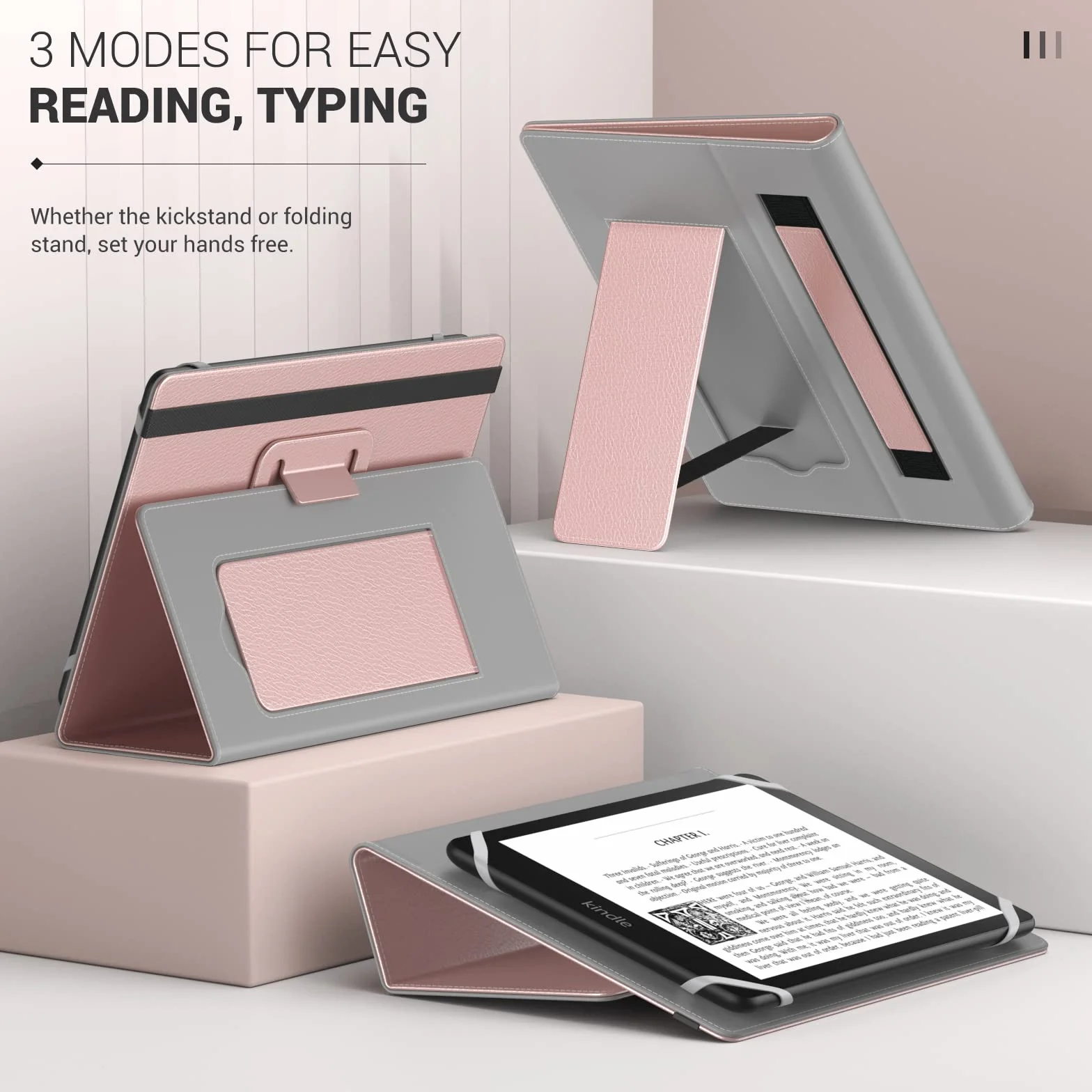 MoKo Étui Universel pour 6" 6.8" 7" Kindle eReaders Fire Tablette - Kindle/Kobo/Voyaga/Lenovo/Sony E-Book E-Reader Tablette, Coque en PU avec Support Réglable et Dragonne, Rosé