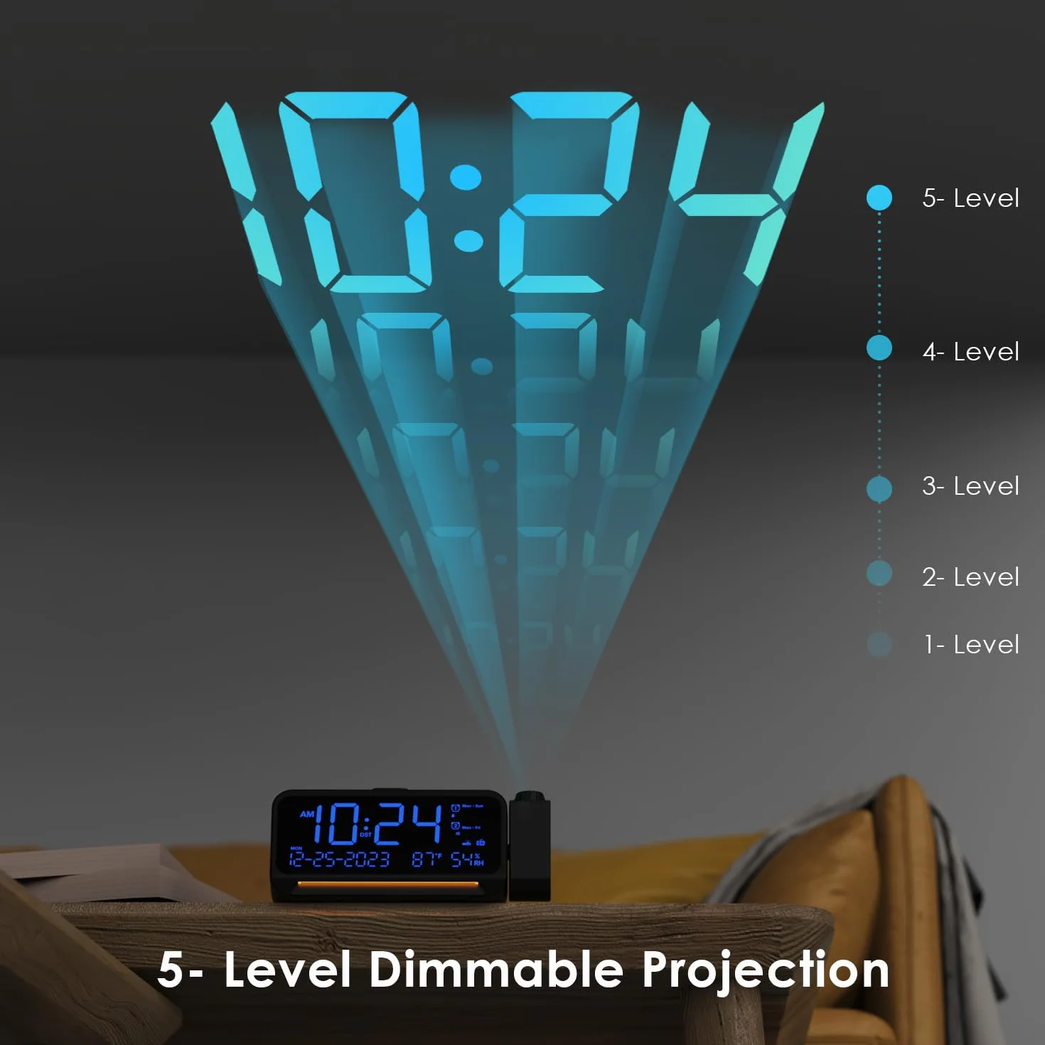 ROCAM Radio-Réveil Projection Plafond, Radio FM Numérique, Horloge Projecteur avec Charge USB & Type C, Réveil Limineux Enfant avec Mode Week-End/Jour de La Semaine, Date, Température, Veilleuse