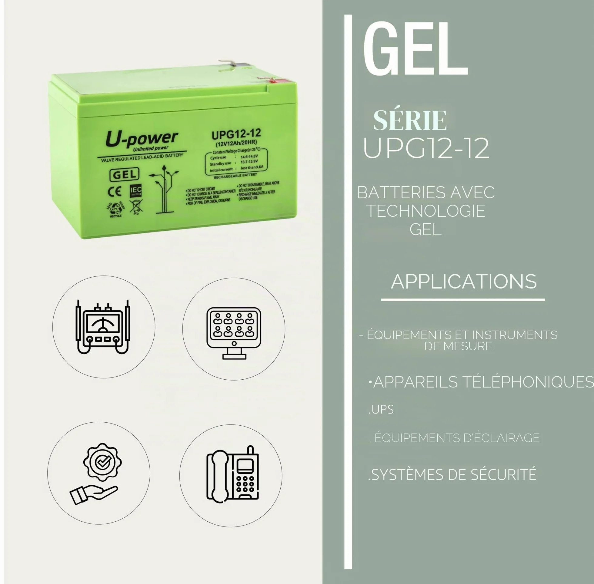 U-Power Batterie Plomb Gel 12V 12Ah F2 6,3mm