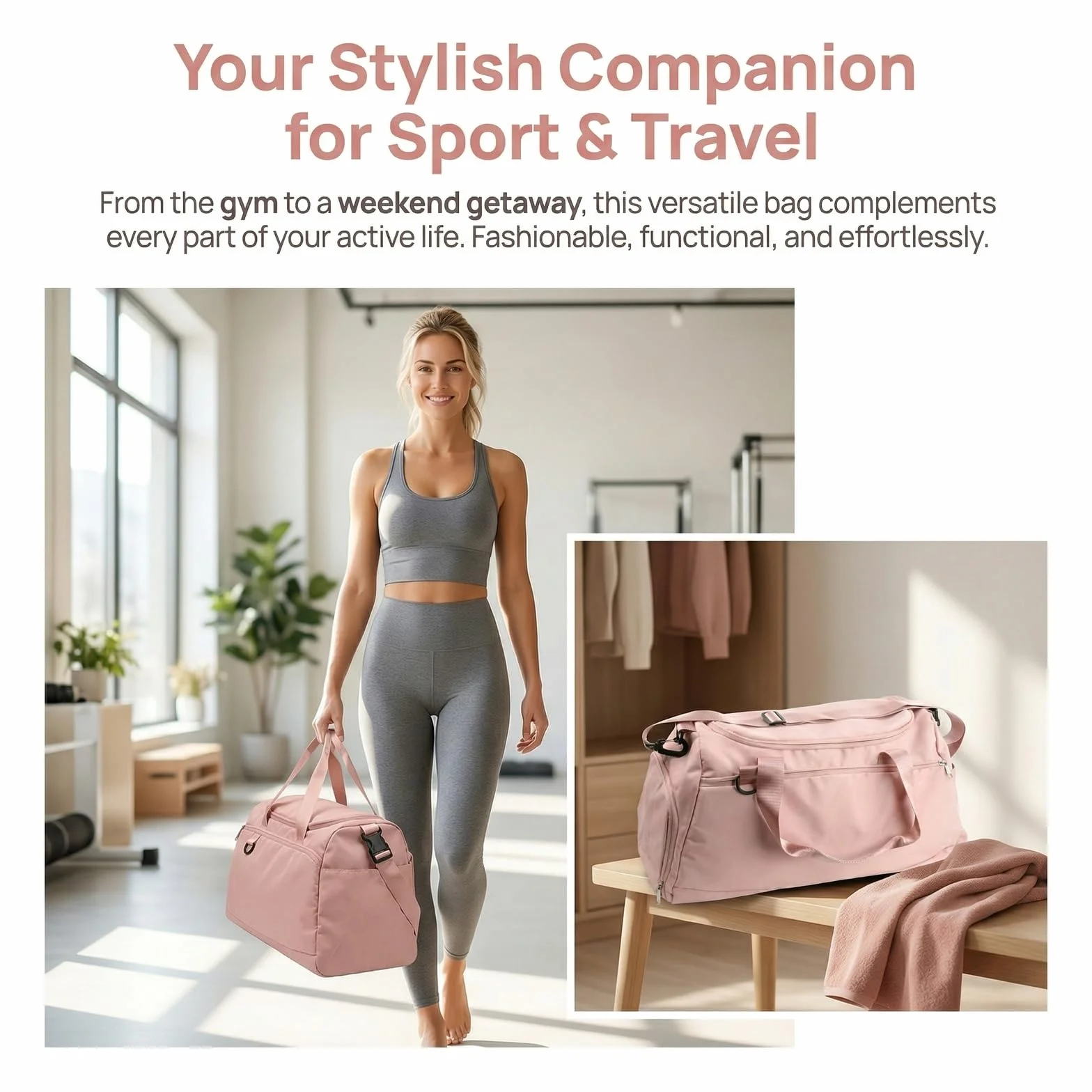 Sac de Sport Imperméable 36-55L 51x28x25cm avec Compartiments Chaussures et Poche Humide Duffel Gym Bag Rose