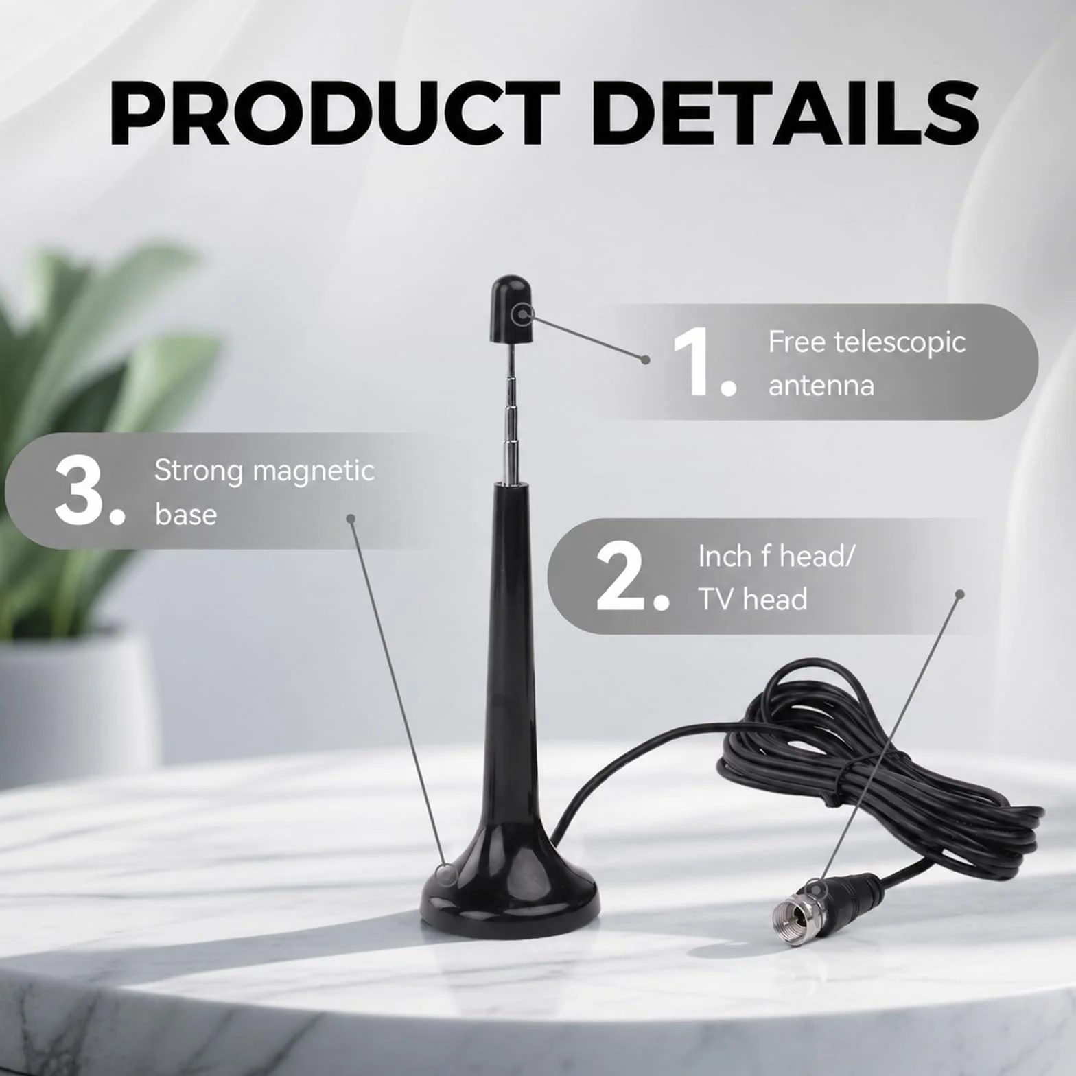 Antenne TV Intérieur Puissante, Antenne Radio FM Dab Intérieur Télescopique avec Base Magnétique, Câble 3m pour Récepteurs Stéréo 75 Ohm Chaine HiFi Tuner FM Poste Radio, Plug and Play