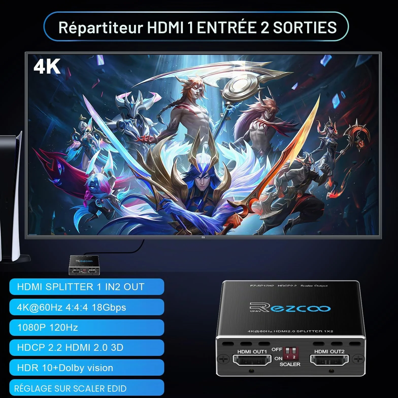 4K 60Hz Splitter HDMI 1 entrée 2 Sorties 1080P 120Hz HDCP HDR 18Gbps UHD Dolby Vision Atmos EDID Scaler 4K 1080P Répartiteur HDMI pour PS5, SkyQ, Xbox, Fire Stick, BluRay, Apple TV, Projecteur.